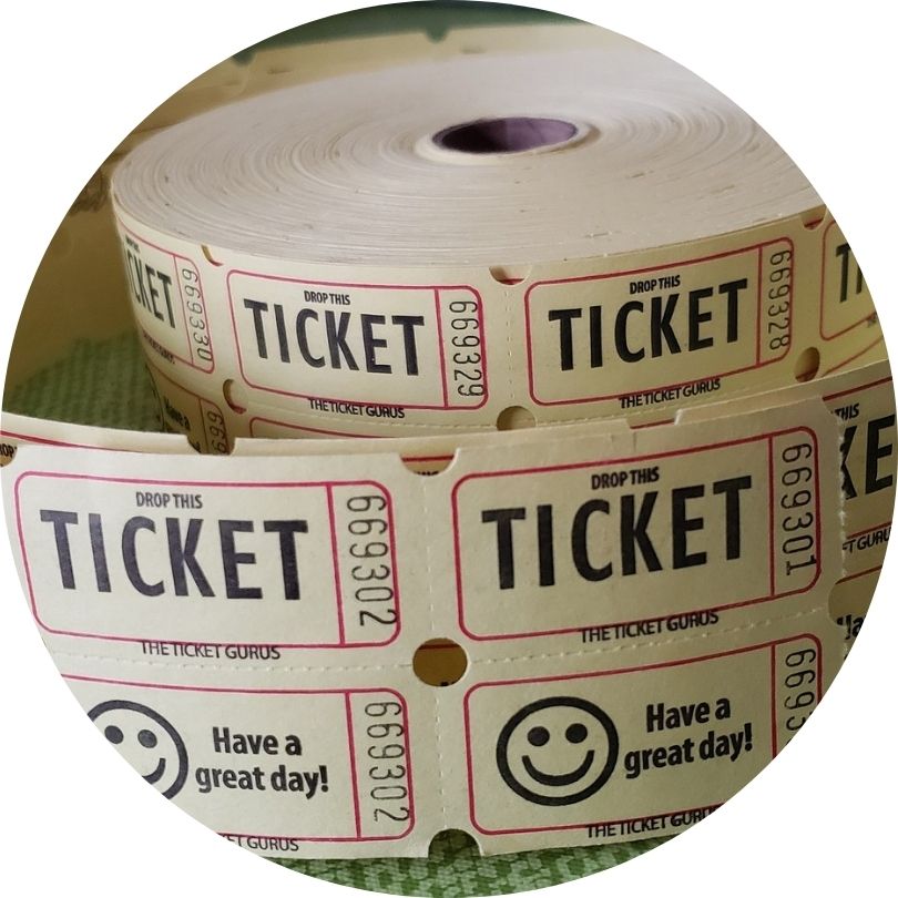 Roll of raffle tickets that say, "have a good day" and have a smiley face on each one.