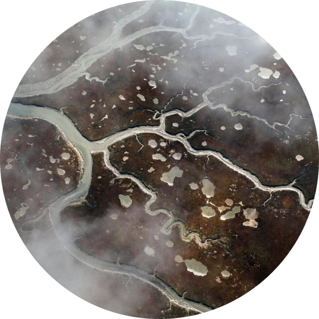 Aerial view of a river delta in the arctic.